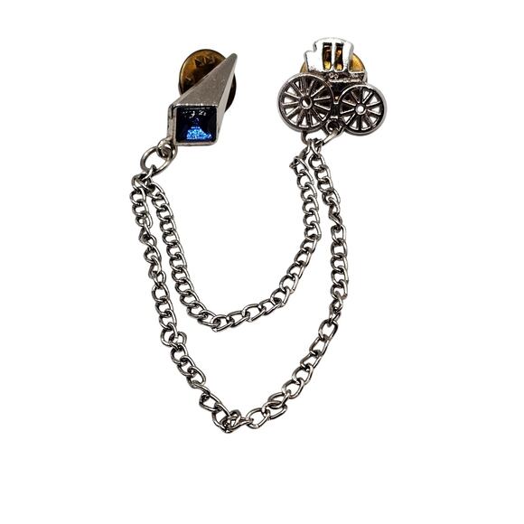 Vintage Sweater Clip Pin Brooch Tie Tack Stagecoach Silvertone Blue Rhinestone - Picture 1 of 5